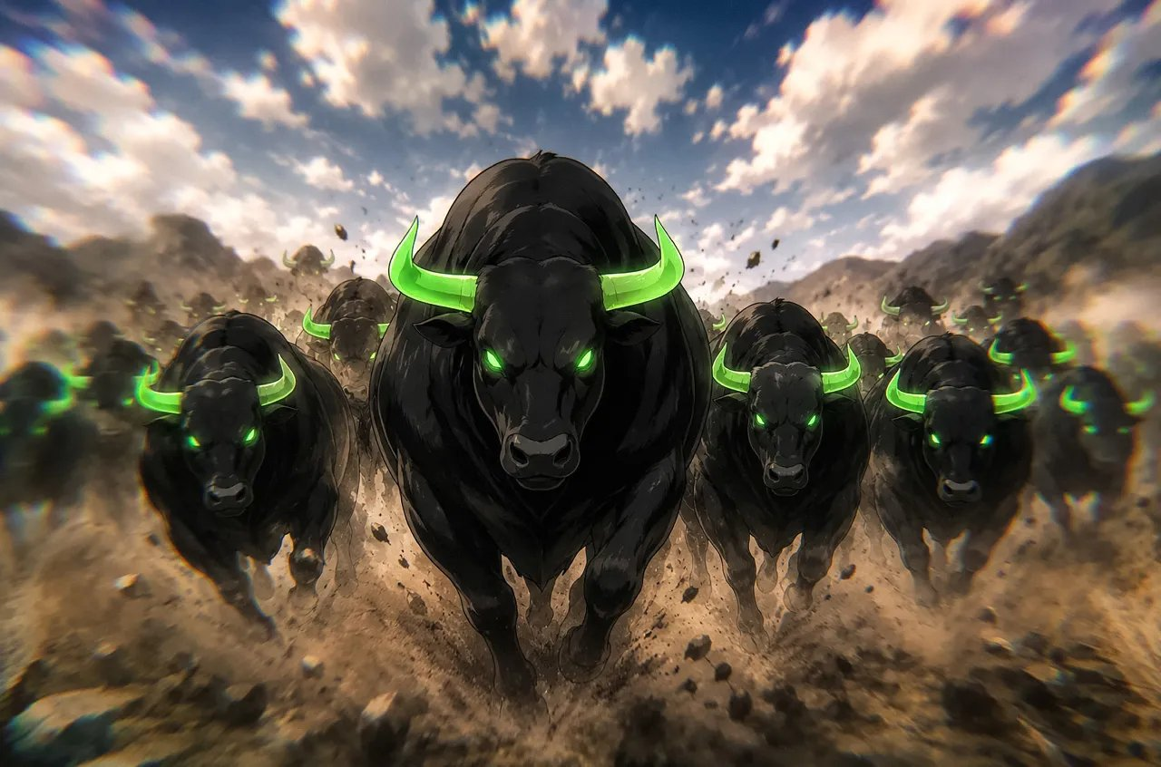 Herd of black bulls with glowing green horns charging forward