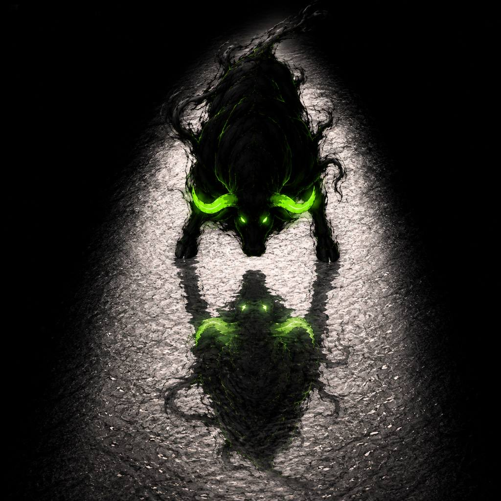 Glowing green-horned bull standing in a spotlight on dark asphalt